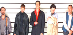 left to right; Kevin Pollack (Todd Hockney), Stephen Baldwin (McManus), Benicio Del Toro (Fred Fenster), Gabriel Byrne (Dean Keaton) and Kevin Spacey (Roger 'Verbal' Kint)