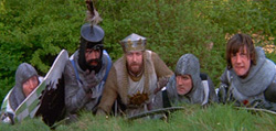 left to right; Sir Robin (Eric Idle), Sir Bedevere (Terry Jones), King Arthur (Graham Chapman), Sir Launcelot (John Cleese) and Sir Gallahad (Micheal Palin)